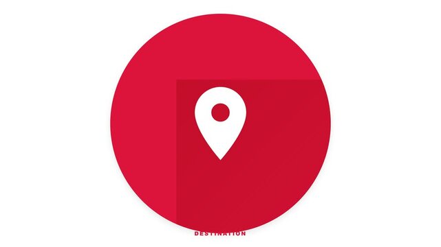 Flat design location pin icon inside a vibrant red circular badge with destination text on a clean white background, minimal graphic element for navigation UI, GPS mapping, travel app overlay.