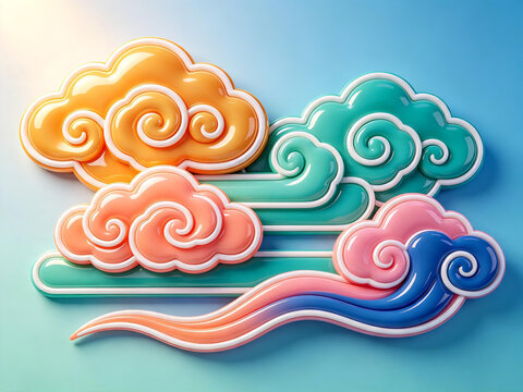 3D glossy oriental auspicious clouds and wave swirls in vibrant pastel colors with white outline. Decorative Asian traditional cloud background for Chinese New Year.