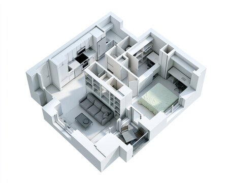 3D Render of a Modern House Model, Isometric Residential Architecture, Contemporary Home Design and Building Structure Isolated on White Background