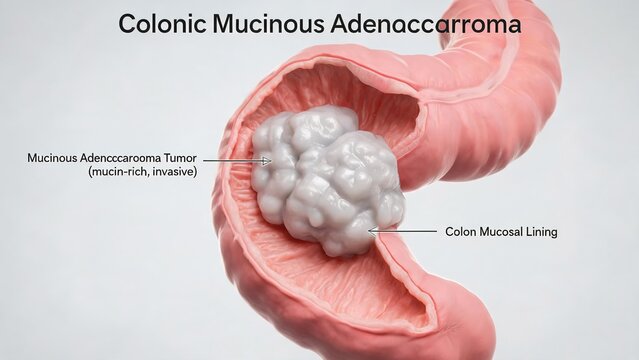 Colonic mucinous adenocarcinoma cross‑section 3D diagram, mucin‑rich invasive tumor inside colon lumen