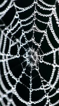 Macro shot of a spider web covered in dew drops resembling pearls against a dark background.