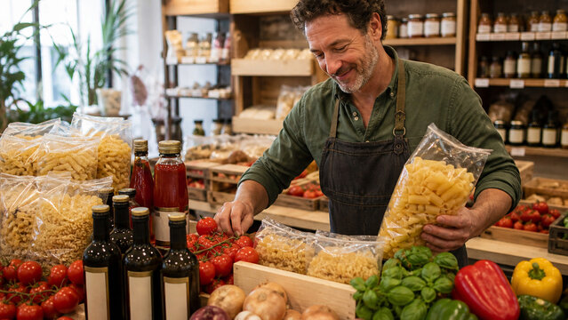 Smiling shopkeeper holds a bag of pasta beside fresh vegetables, sauces and dry goods in a warm, artisanal grocery store.