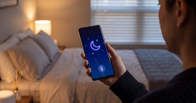 Smartphone holding person using night mode application with moon icon on dark screen display inside cozy bedroom at night time
