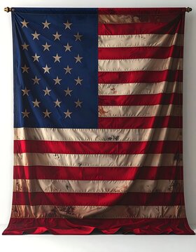 Vintage American flag hanging vertically with a rustic and weathered appearance.