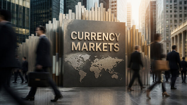 Metal currency markets sign with world map in a modern financial district, surrounded by blurred business professionals.