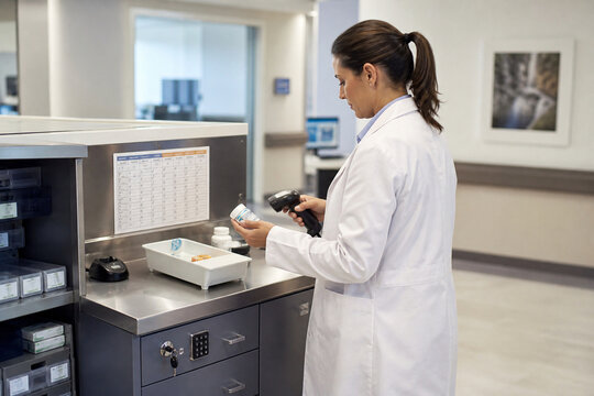 Healthcare worker in a white coat scans a prescription bottle beside a secure medication dispensing cabinet in a modern hospital pharmacy.