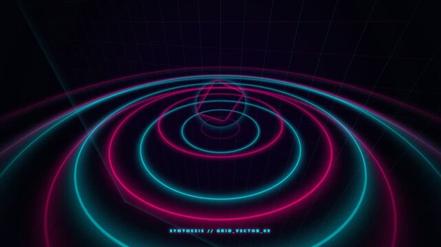 Futuristic retrowave cyberspace background featuring glowing magenta and cyan neon concentric circles expanding over dark 3D grid floor with rotating geometric wireframe shape, wide angle shot.