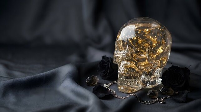 A strikingly detailed and intricately designed golden skull emerges from the shadows embodying the spirit of halloween mystery and the ephemeral nature of life