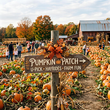 Wooden pumpkin patch sign in front of autumn farm.