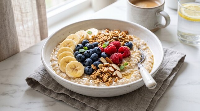 Hearty oatmeal bowl topped with fresh sliced bananas blueberries raspberries crunchy granola and almonds rests on a rustic linen cloth bathed in bright soft natural sunlight near a morning window.