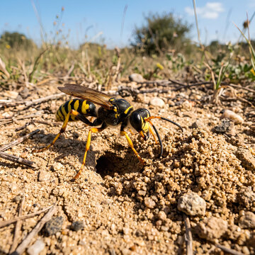Yellow jacket wasp crawling on dry cracked soil.