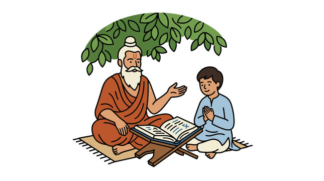 Indian Guru Teaching a Young Student Under a Tree