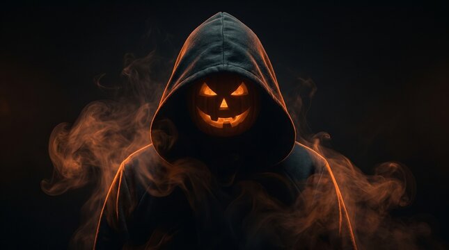 Hooded figure with glowing pumpkin head emerging from dark mystical smoke