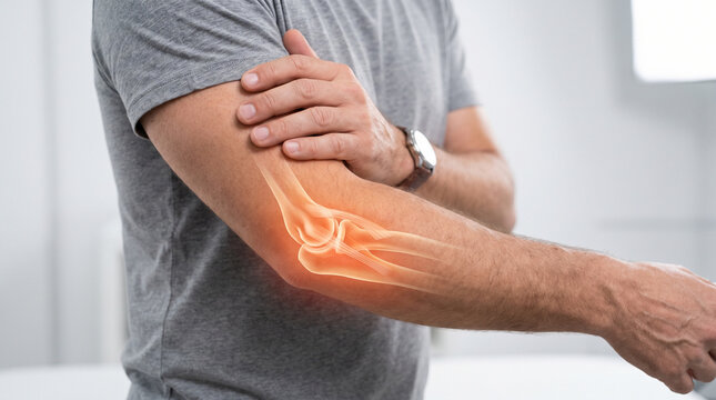 Man suffering from chronic elbow joint pain with bone overlay