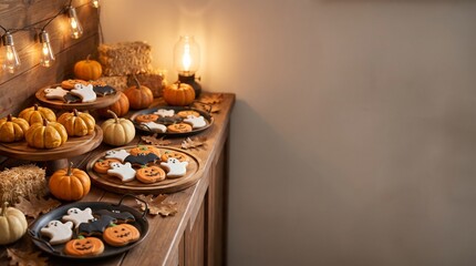 Naklejka premium Halloween frosted cookies and mini pumpkins displayed on rustic wooden table with warm ambient lights.
