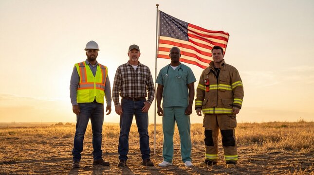 American essential workers standing with USA flag. Diverse labor force including construction, farmer, doctor, and firefighter at sunset.