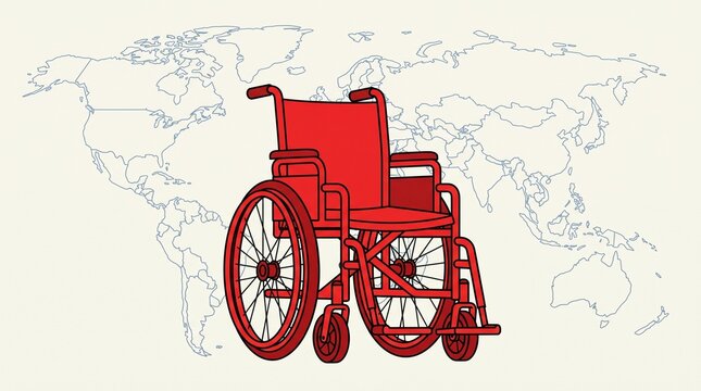 Red wheelchair on world map background