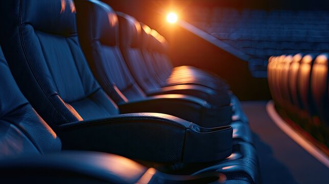 Row of plush, dark seats in a dimly lit cinema, illuminated by warm spotlight