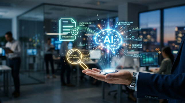 Artificial intelligence concept showing a glowing brain hologram with enterprise data processing, business solutions, and smart analytics icons over a hand in an office.