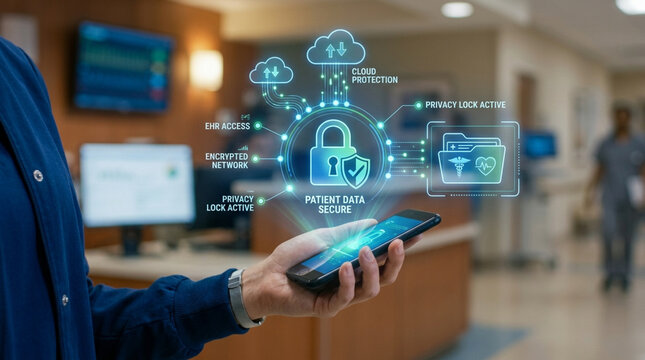 Healthcare professional holding a smartphone featuring a digital cybersecurity interface for patient data security, encrypted networks, EHR access, and cloud protection in a clinic.