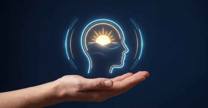 Human head silhouette hologram glowing with sunrise ocean waves held by hand representing mental health wellness and mindfulness consciousness concept
