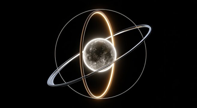 Luminous rings encircle a textured planet against a void backdrop