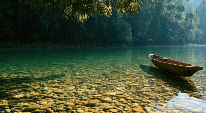 Tranquil river scene with a wooden canoe resting on a clear, pebble-filled waterbed