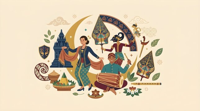 Indonesian Folklore Vector Illustration with Javanese Dancer, Kendang Player, Wayang Kulit Puppet, Prambanan Temple, Gunungan, Batik, and Nasi Tumpeng