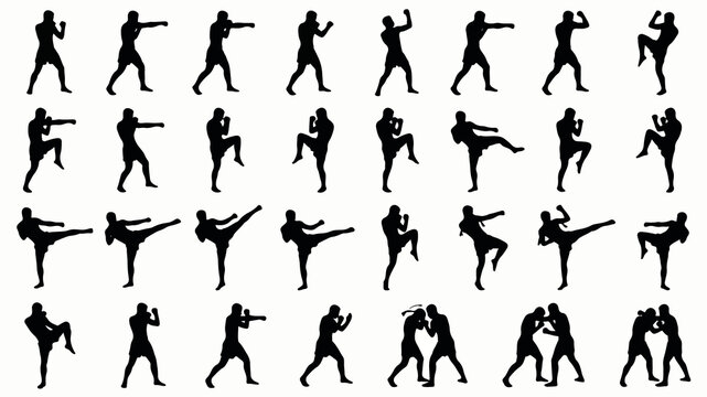 Black silhouettes of martial arts fighters practicing kickboxing and Muay Thai movements including strikes and stances on white background