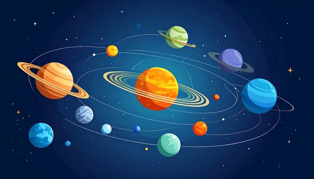 Solar system planets orbiting in space background.