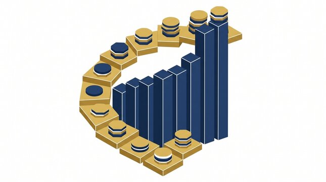 Isometric golden staircase and blue bar chart representing business growth and success