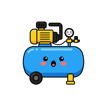 Cute pixel art air compressor character with a happy face for construction and design projects