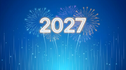 Fototapeta premium Bright 2027 fireworks illuminate a dark blue sky with glowing lines and particles. Celebration concept for New Year's Eve.