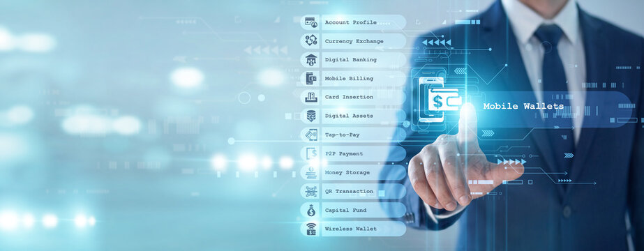 Banker's point of Mobile Wallets payment concept, contactless digital transactions provide secure and convenient financial access. Modern virtual currency simplifies daily commerce.