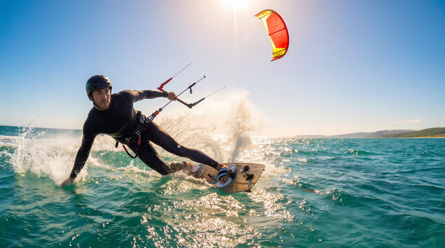 A focused male kitesurfer in a black wetsuit and helmet performs an agile maneuver on turquoise ocean waves during a bright sunny day, creating a dynamic water splash.