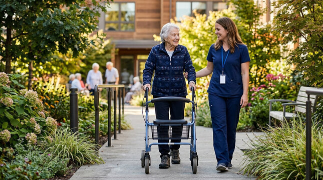 Elderly woman with walker and caregiver walking in garden