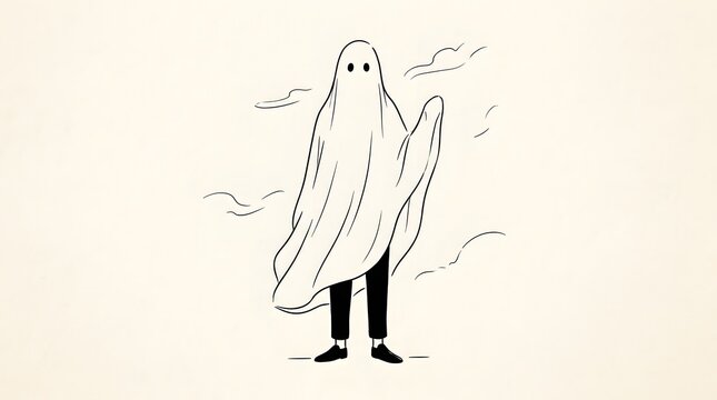 Hand drawn illustration of a person wearing a ghost sheet costume for Halloween
