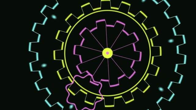 Neon gear wheels rotate in a rhythmic mechanical motion against black