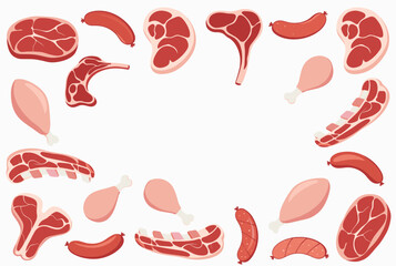 Fototapeta premium Comprehensive collection of raw meat items including beef steaks, pork chops, chicken drumsticks, ribs, and sausages.