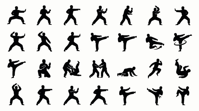 Collection of diverse martial arts silhouettes showing combat poses, kicks, and fighting techniques for sport and training
