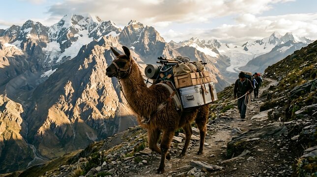 Pack Mule Traversing Rugged Mountain Trail with Backpacking Gear