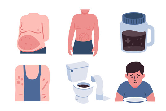 Collection of icons representing digestive health issues such as bloating, skin rash, stomach pain, and bowel problems.