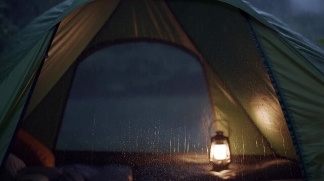 Cozy camping tent interior with glowing lantern during heavy rain at night atmospheric outdoor adventure