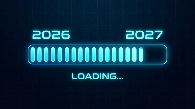 Glowing futuristic progress bar loading from year 2026 to 2027 on dark background. Ideal concept for New Year countdowns and future tech media.