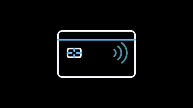 Glowing neon contactless credit card icon representing wireless payment transaction and digital finance transfer on black background