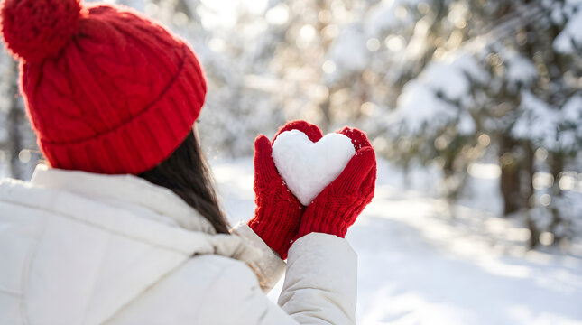 A person in a red hat holds a heart shaped snowball in a winter forest. Romantic concept for Valentine's Day or winter holidays.