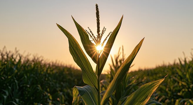 Golden sunbeams pierce through a single cornstalk in a sunlit field