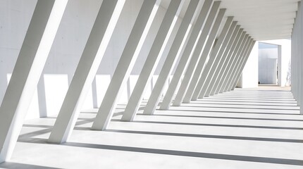 Naklejka premium Rhythmic architectural 3D background featuring smooth white geometric pillars slanting at a uniform angle with long shadows.