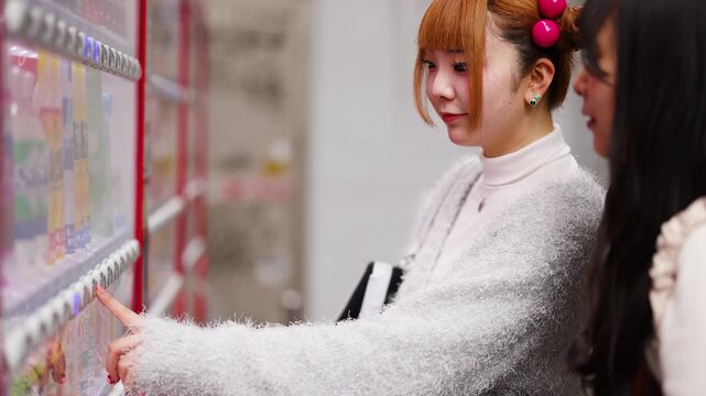 Japanese Woman in Harajuku Fashion Using Vending Machine in Tokyo