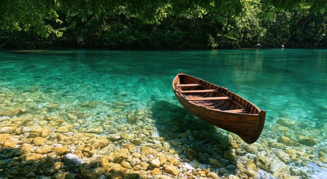 A lone wooden boat rests on a rocky shore of crystal-clear, turquoise water